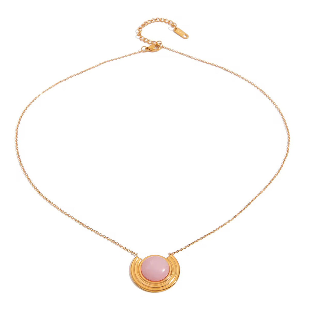 Mentally on a Cruise-Pink Stone Gold Necklace – Non-Tarnish Waterproof Stainless Steel Pendant Necklace