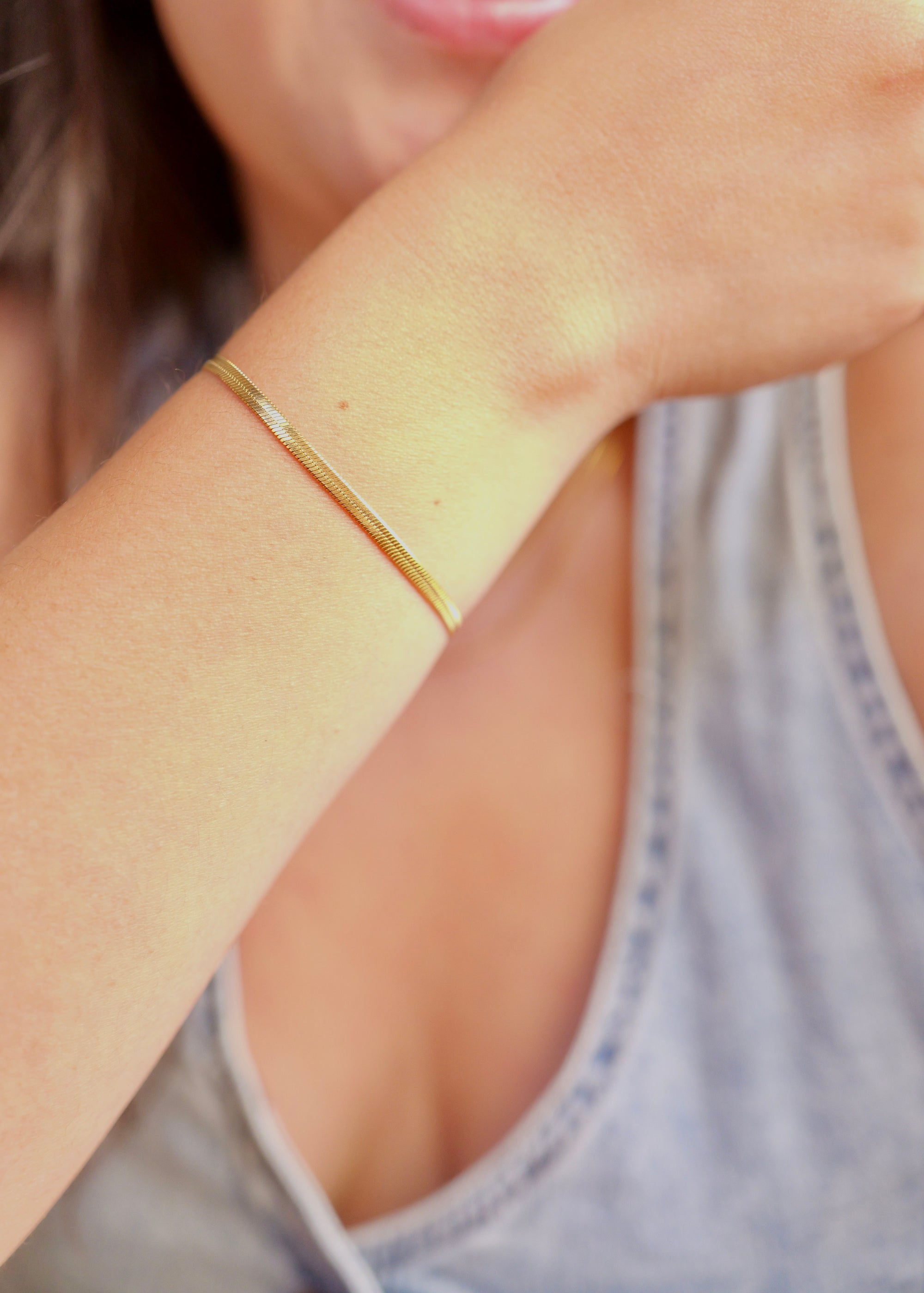 18K Gold Non-Tarnish Flat Snake Chain Bracelet
