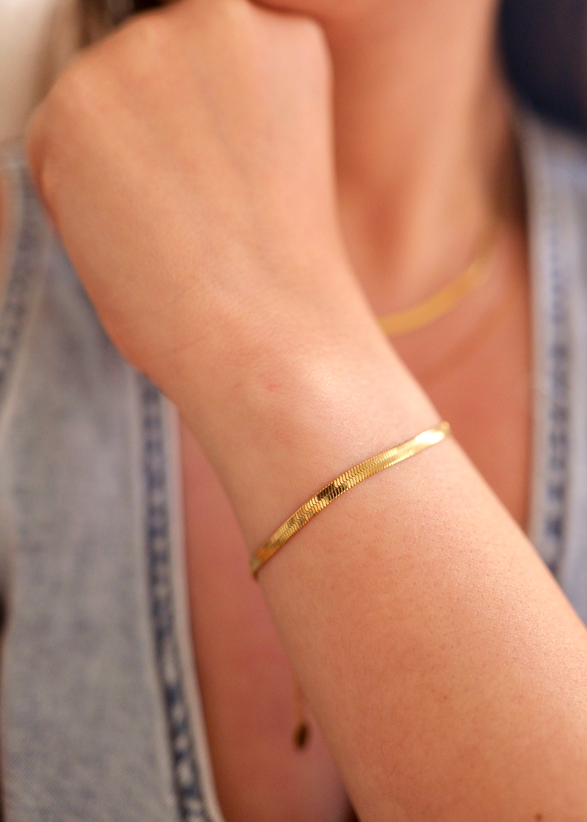 18K Gold Non-Tarnish Flat Snake Chain Bracelet