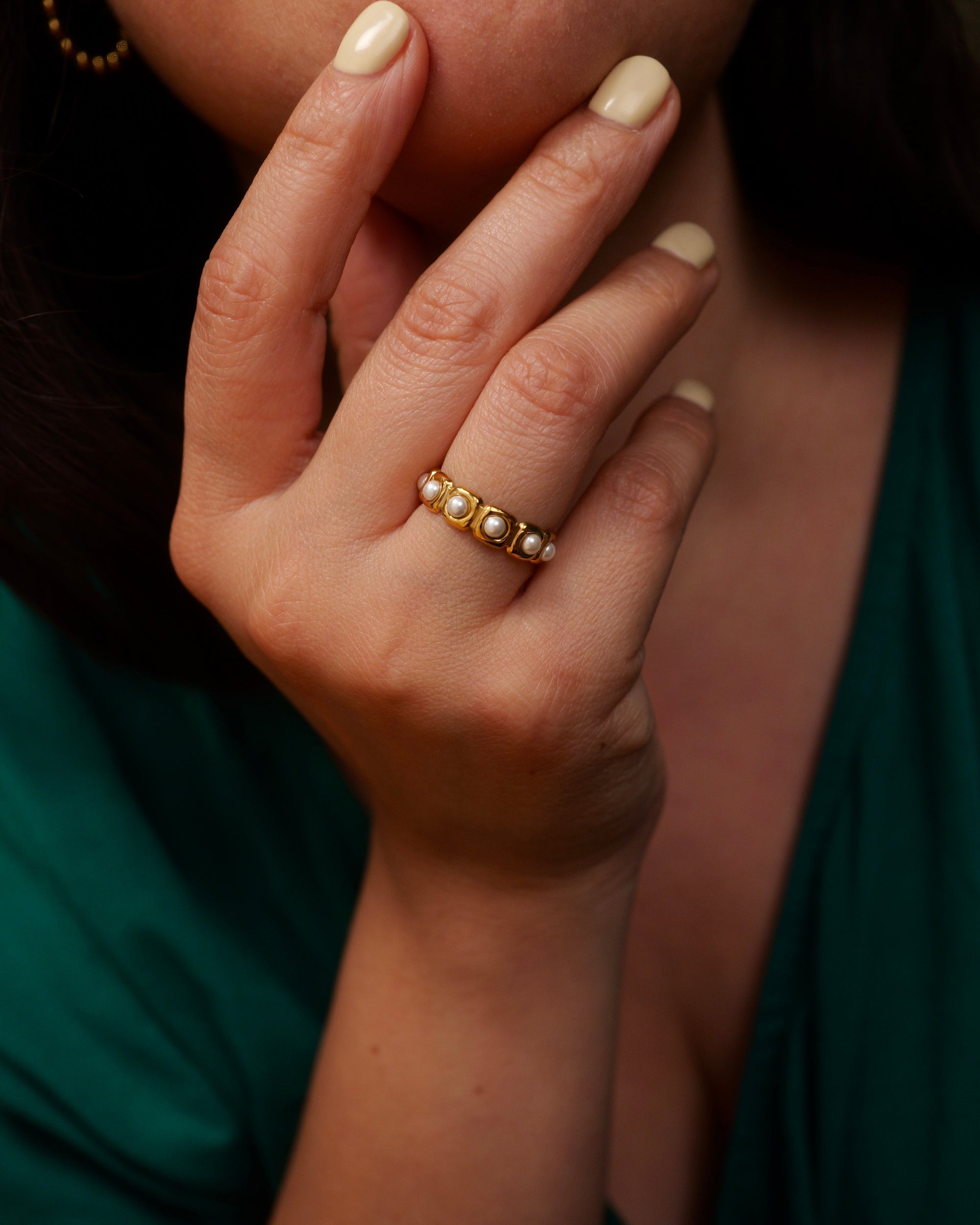 Ava 18K Golden Stainless Steel Adjustable Ring With Pearls