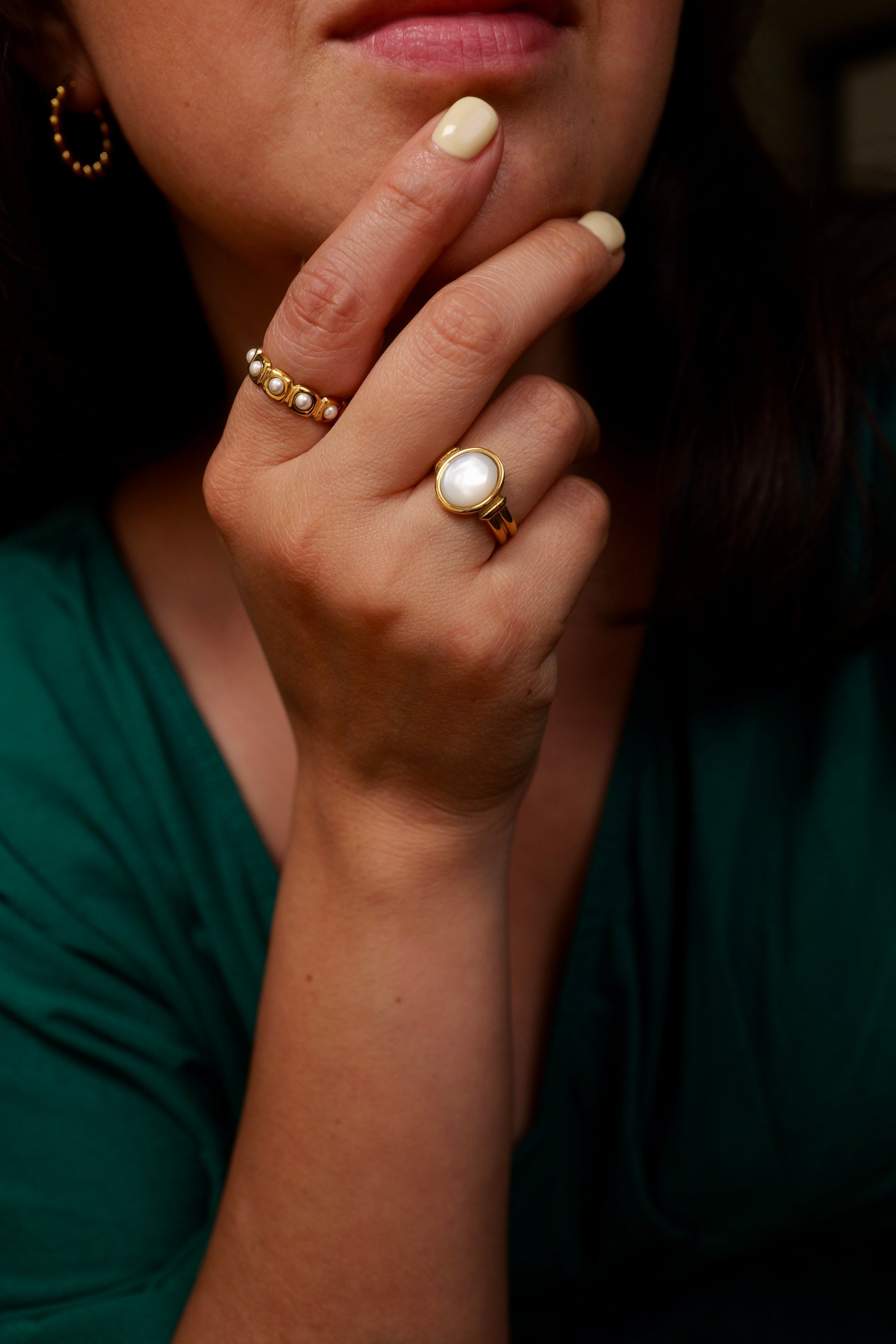 Ava 18K Golden Stainless Steel Adjustable Ring With Pearls