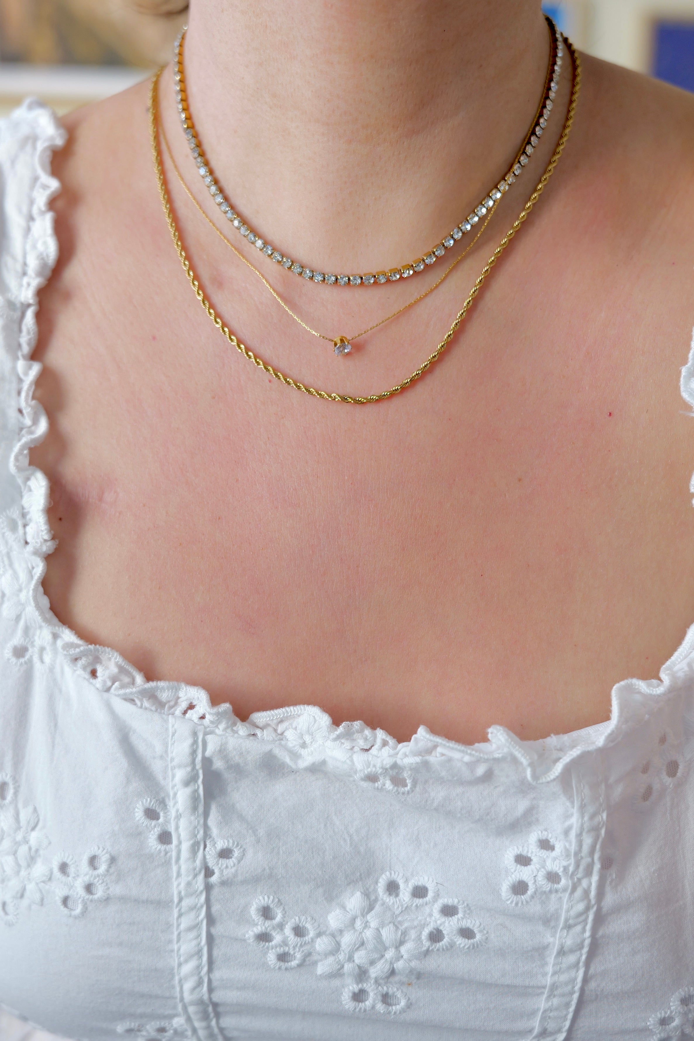 Monaco Stainless Steel Gold Cubic Zirconia Tennis Chain Necklace