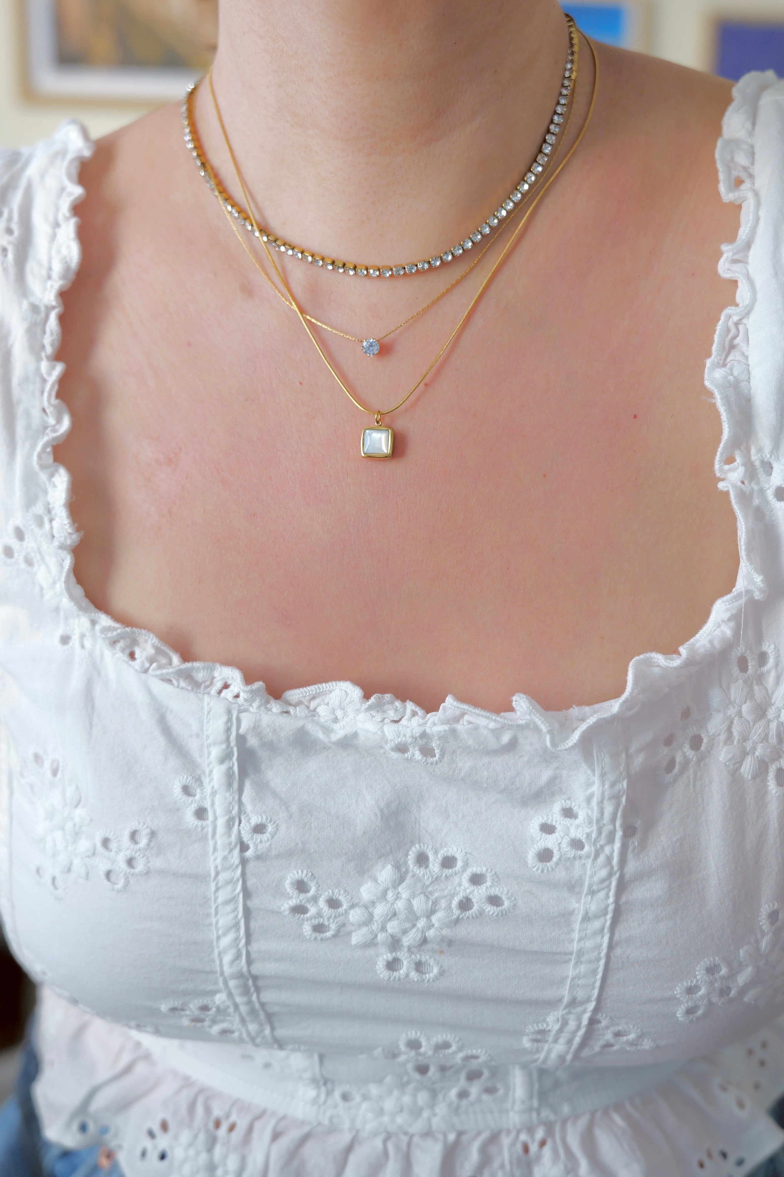 Monaco Stainless Steel Gold Cubic Zirconia Tennis Chain Necklace
