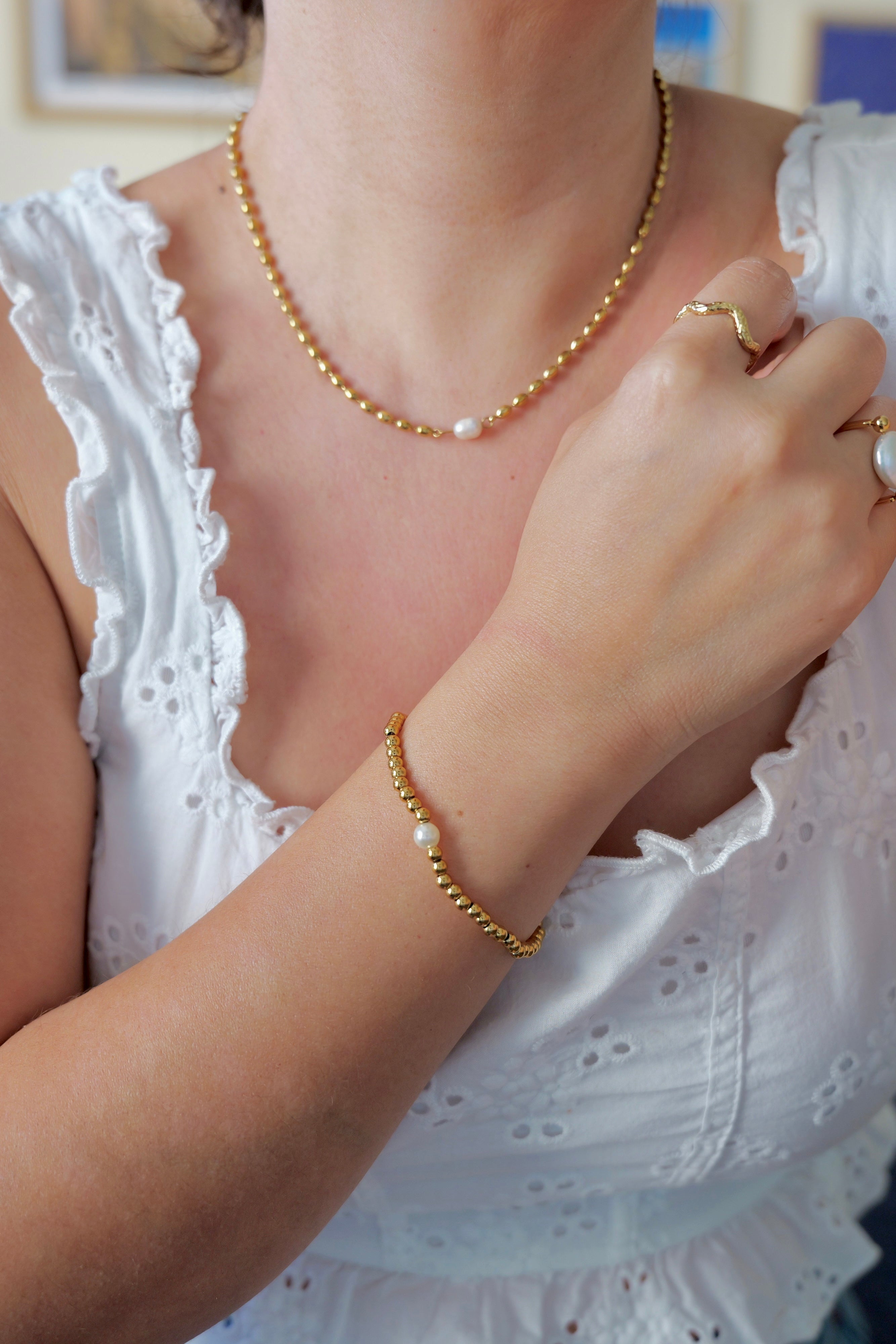 Izzy 18K Gold Stainless Steel Stretch Bracelet with Pearl