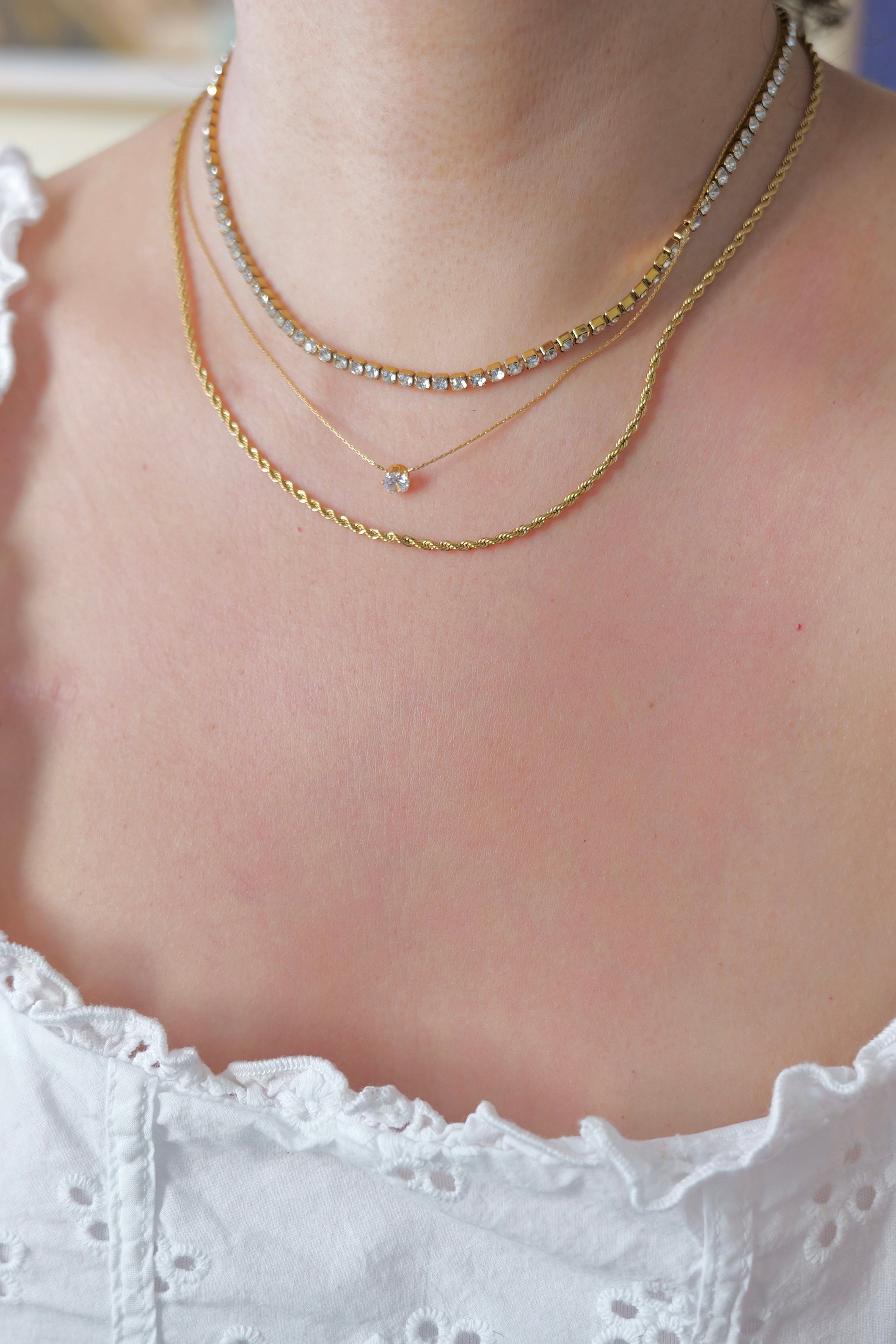 Monaco Stainless Steel Gold Cubic Zirconia Tennis Chain Necklace