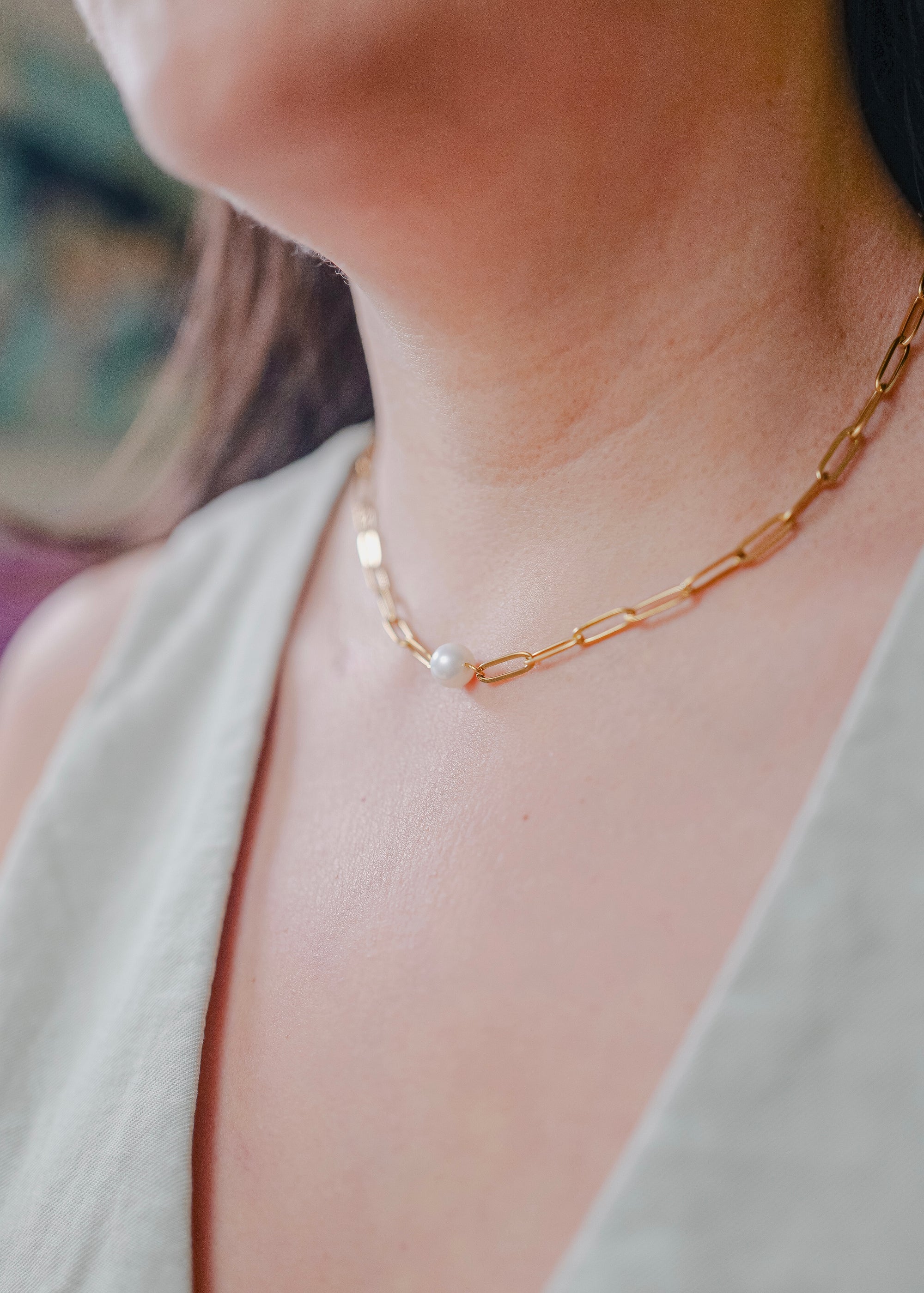 Gia 18k Gold Paperclip Necklace With Pearl