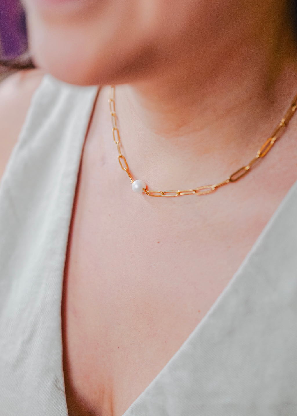 Gia 18k Gold Paperclip Necklace With Pearl