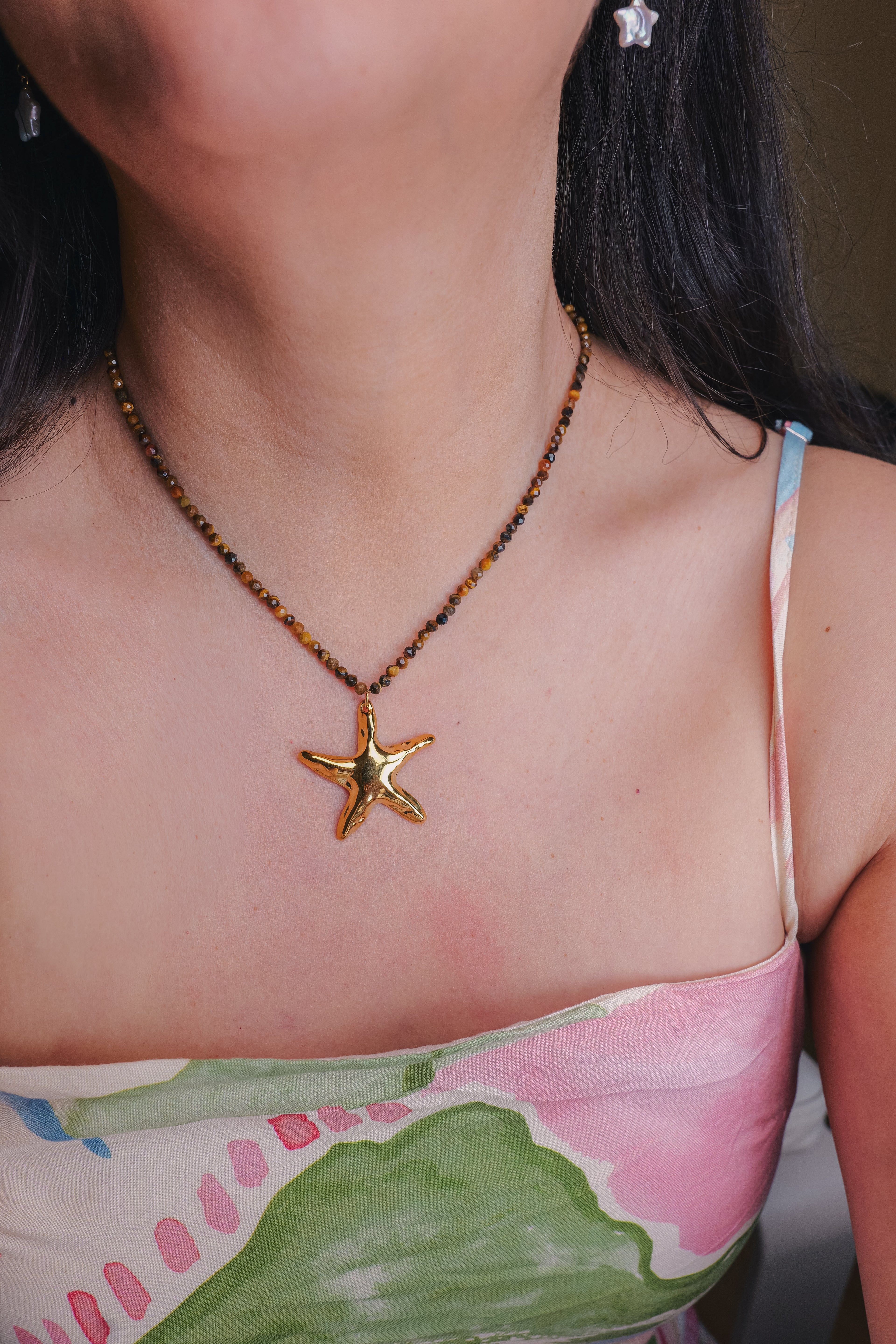 Serena Tiger Eye Gold Starfish Necklace | Natural Stone Beaded Chain | Waterproof Hypoallergenic Stainless Steel | 15.75" + 2.75" Extender