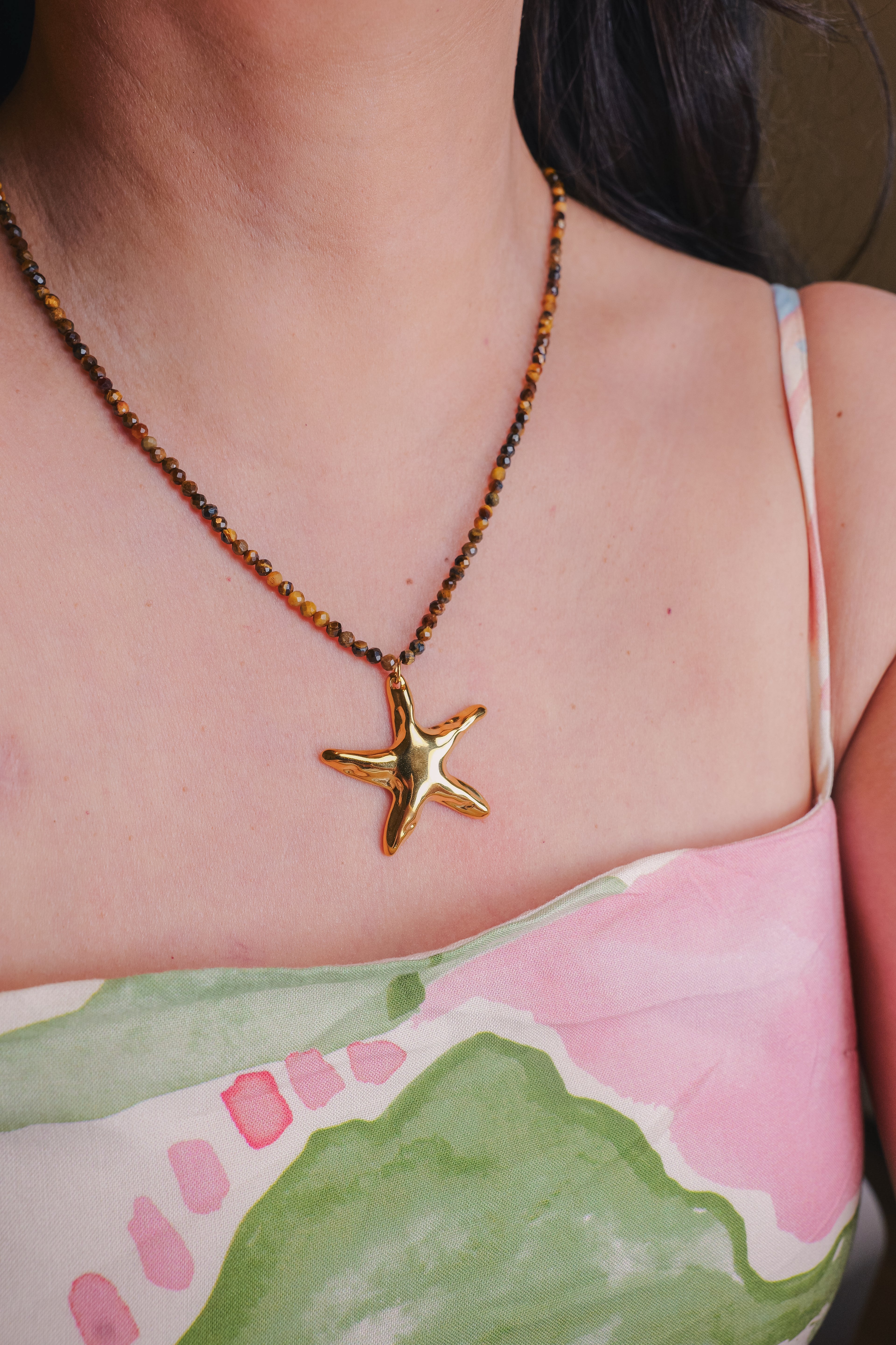 Serena Tiger Eye Gold Starfish Necklace | Natural Stone Beaded Chain | Waterproof Hypoallergenic Stainless Steel | 15.75" + 2.75" Extender
