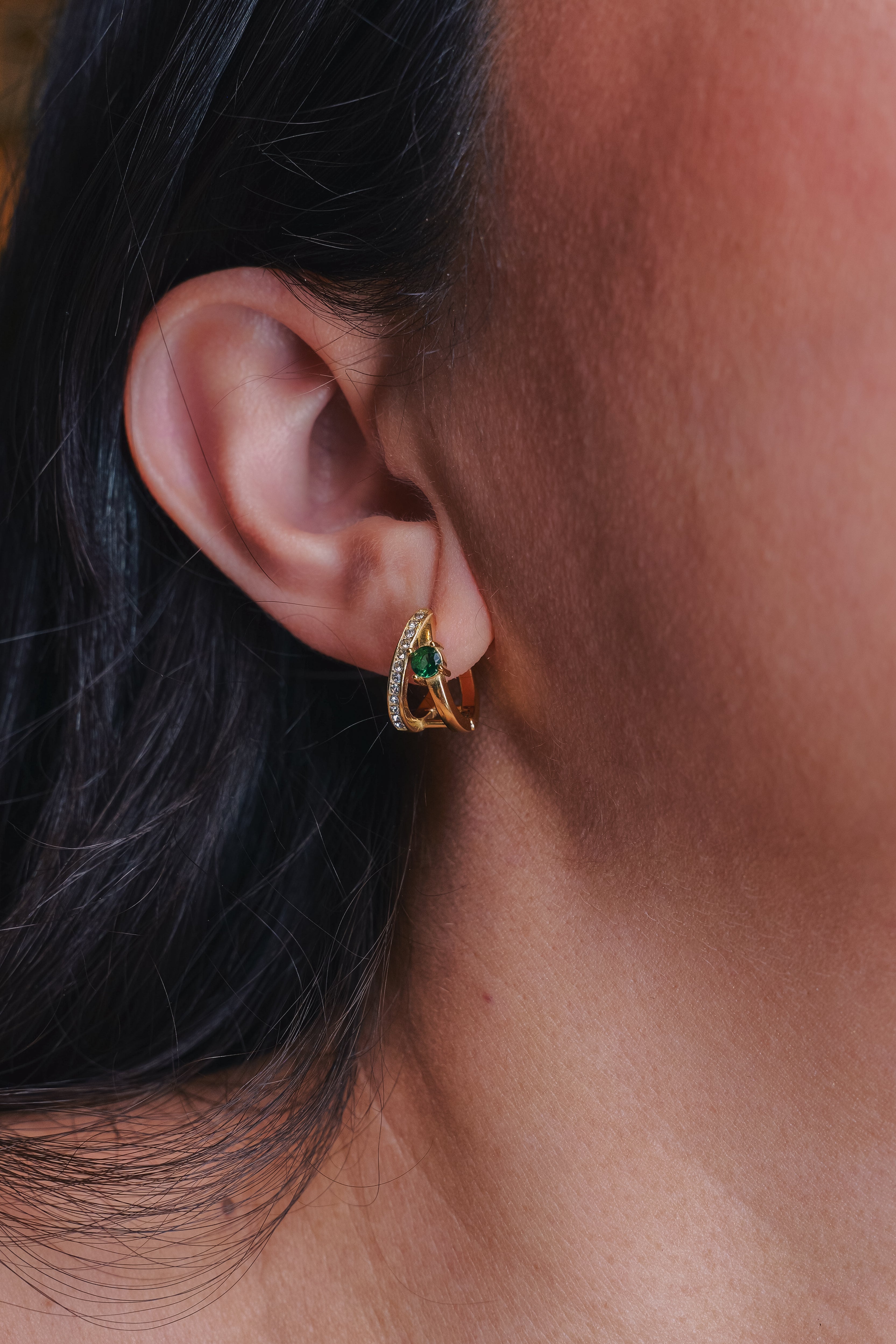 Jade Gold Triangle Hoop Earrings | Emerald Green Crystal | Waterproof Hypoallergenic Stainless Steel