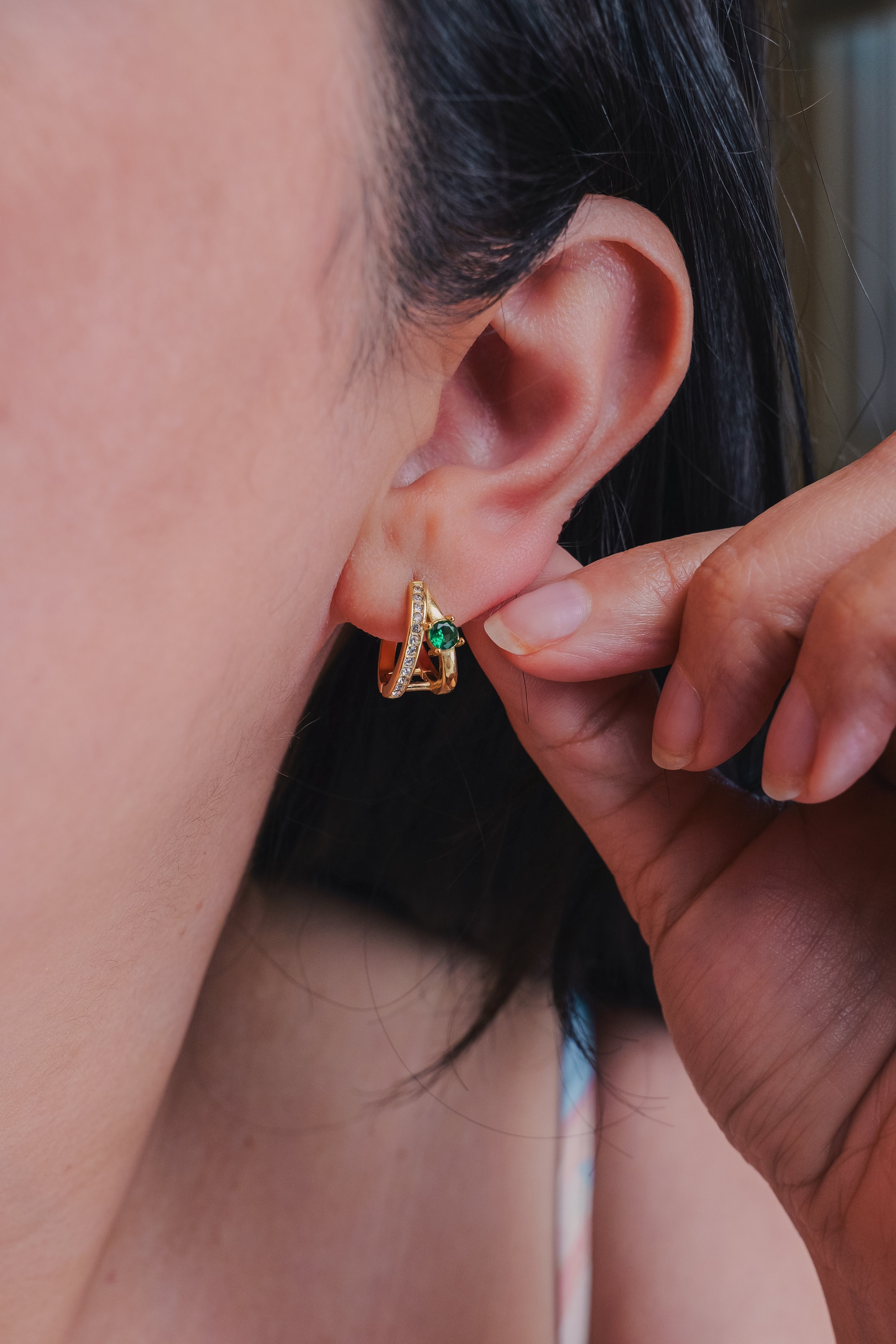 Jade Gold Triangle Hoop Earrings | Emerald Green Crystal | Waterproof Hypoallergenic Stainless Steel