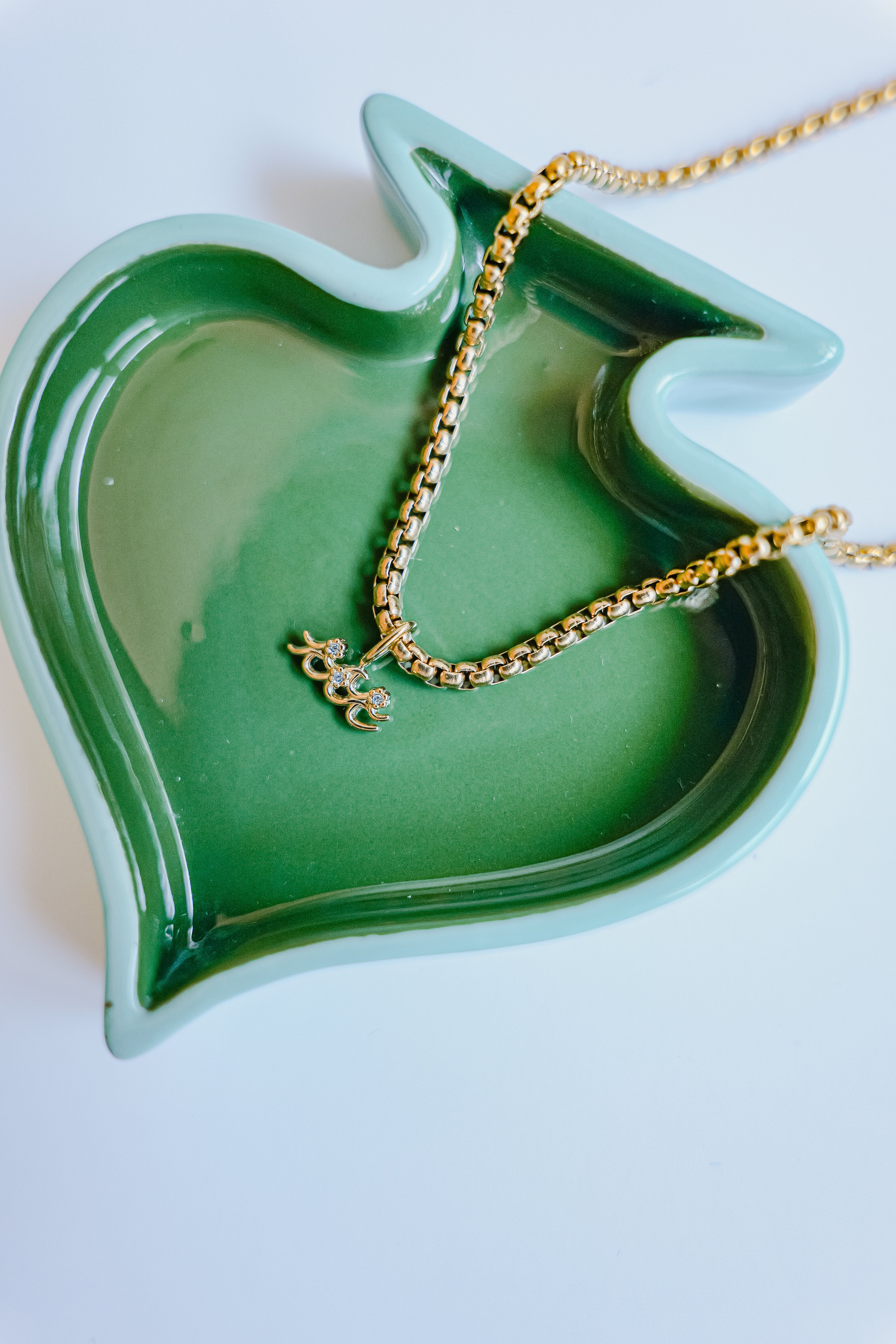Green heart-shaped dish with a gold necklace with piscis charm on a white background