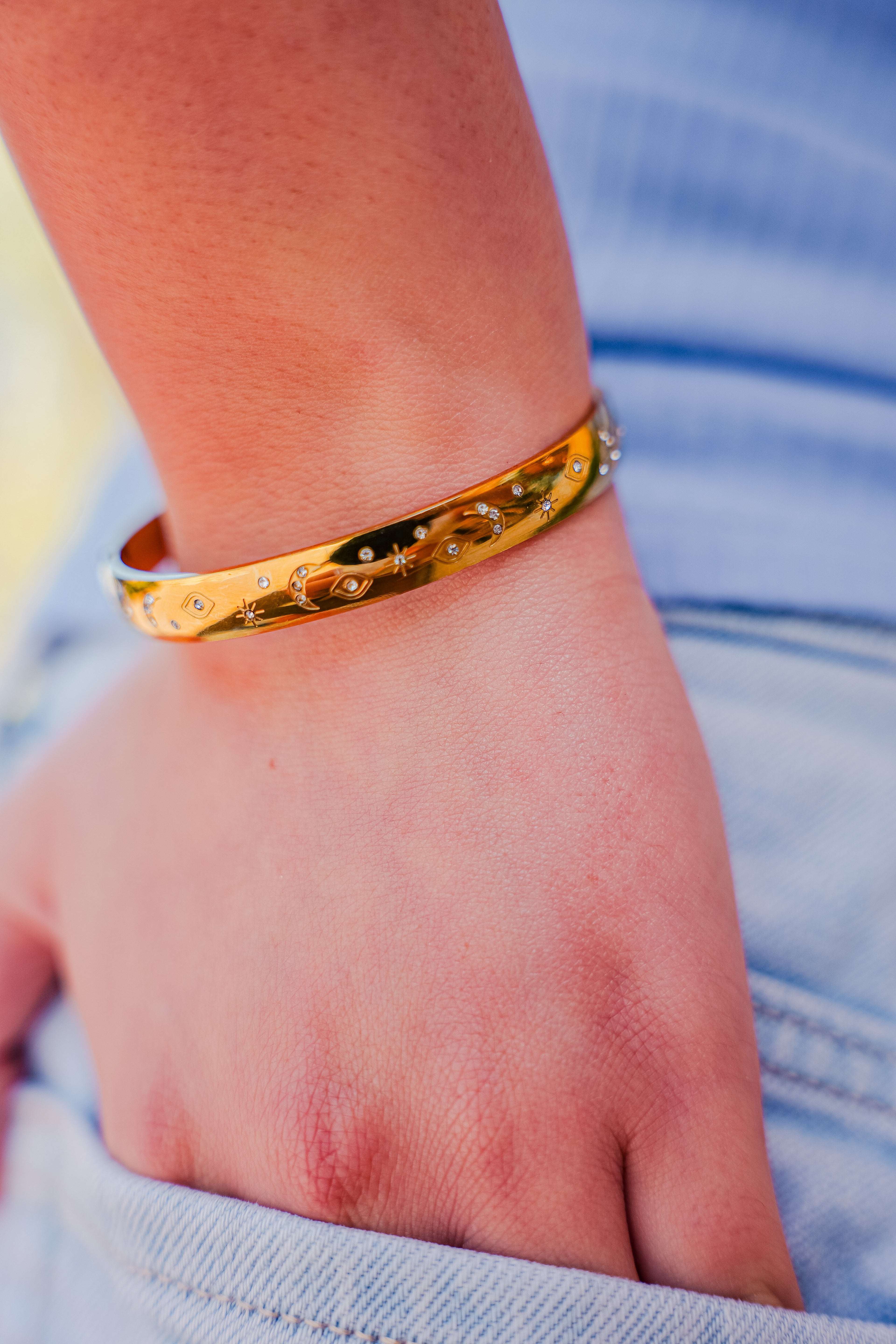She Manifests Bangle – 18K Gold Plated Stainless Steel Celestial Bracelet