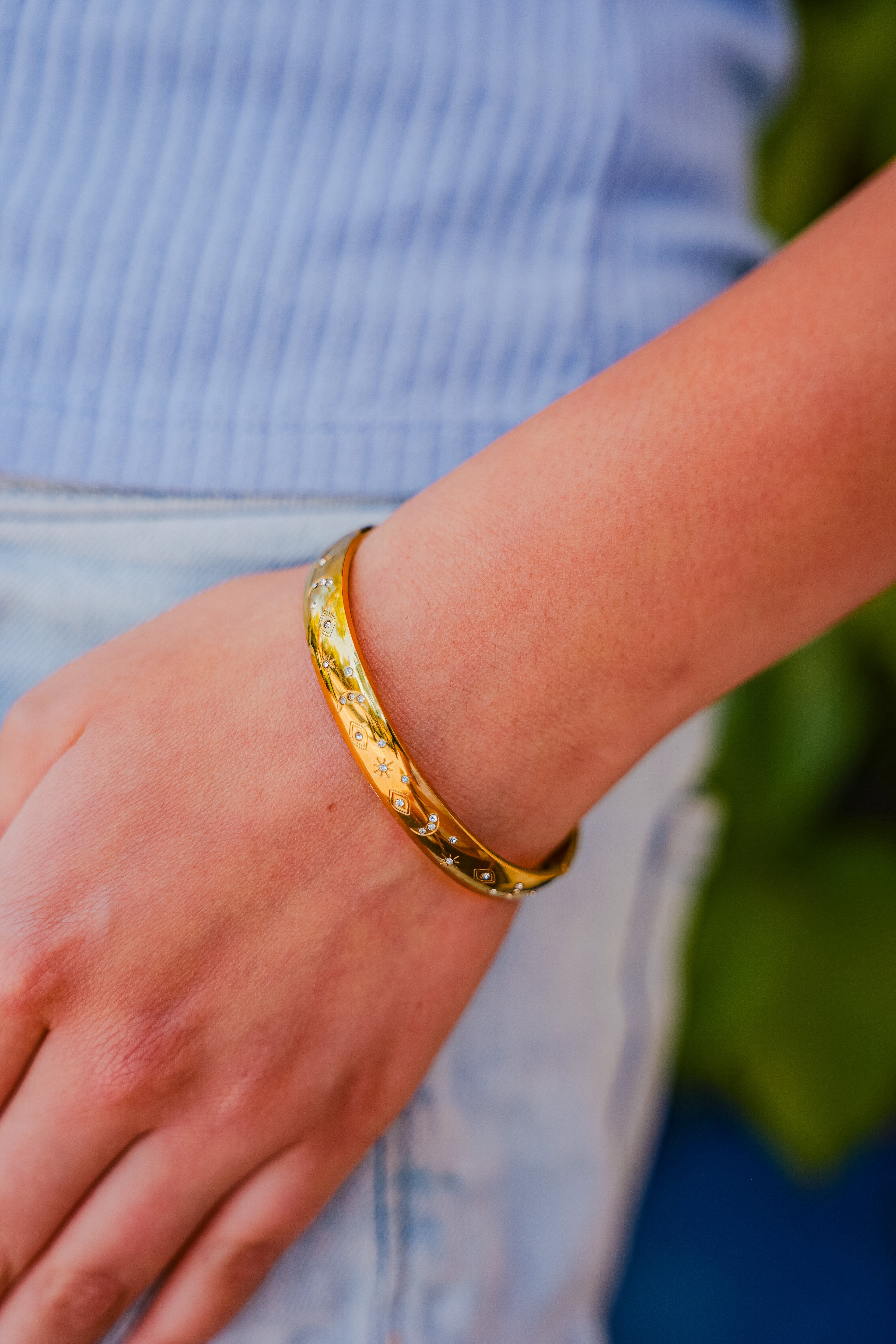 She Manifests Bangle – 18K Gold Plated Stainless Steel Celestial Bracelet