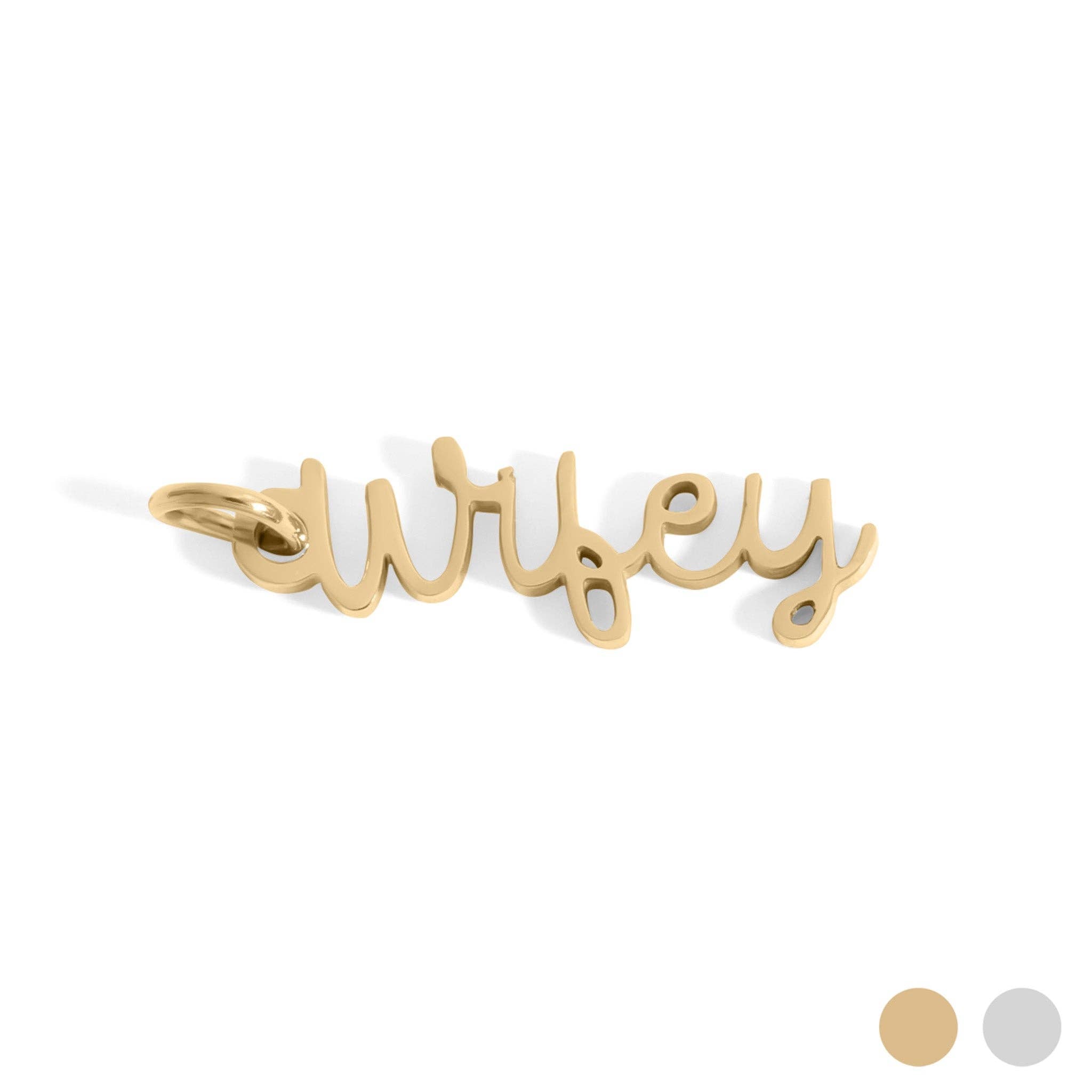 Gold 'wifey' pendant on a white background
