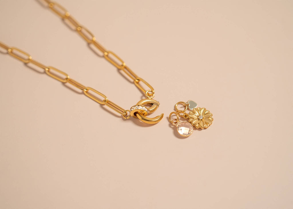 16" 18K Gold Paperclip Rhinestone Charm Holder Necklace