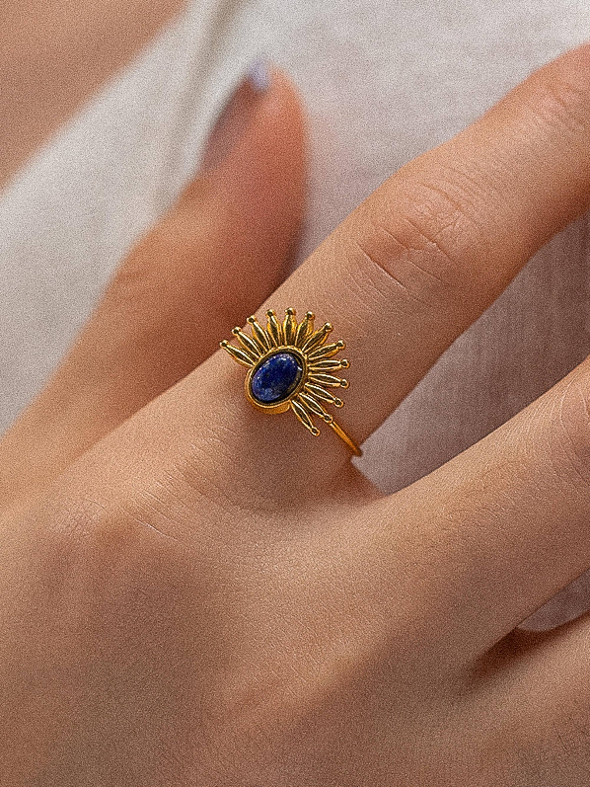 Fabienne 18K Gold Non-Tarnish Sun Blue Stone Ring