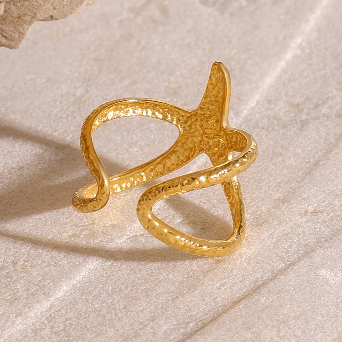 Coral Gold Starfish Adjustable Ring | Waterproof Tarnish-Free Stainless Steel | Open Band Ring