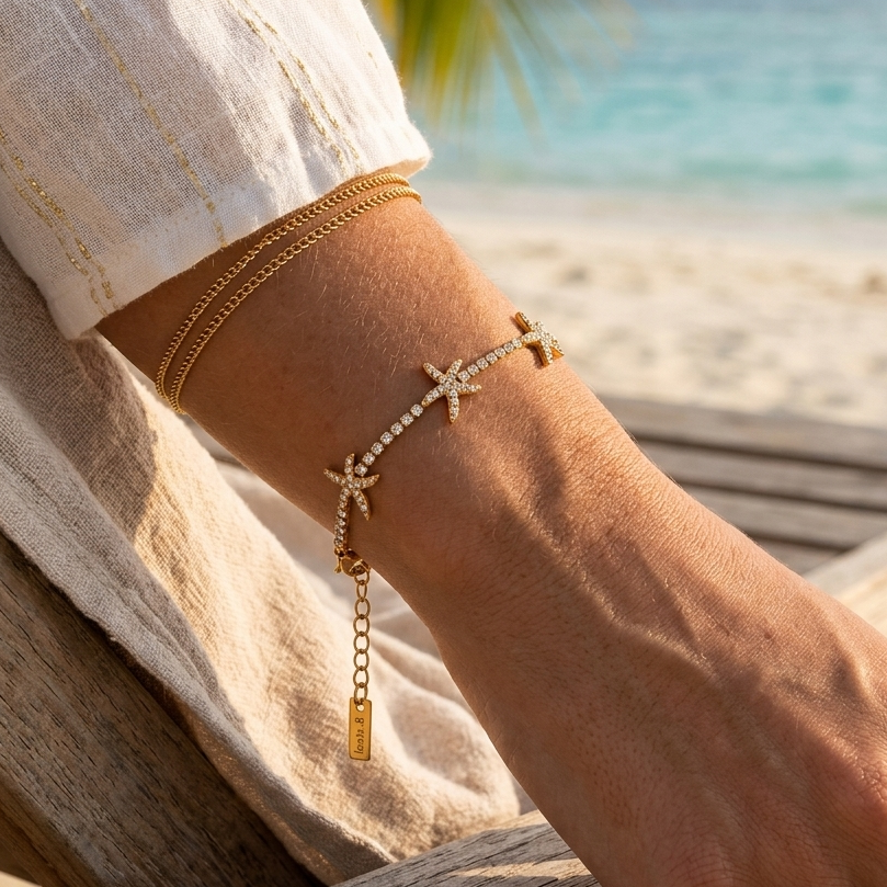 Esme at the beach  Gold Starfish Tennis Bracelet | Crystal Chain | Waterproof Tarnish-Free Stainless Steel | 6.5" + 2" Extender