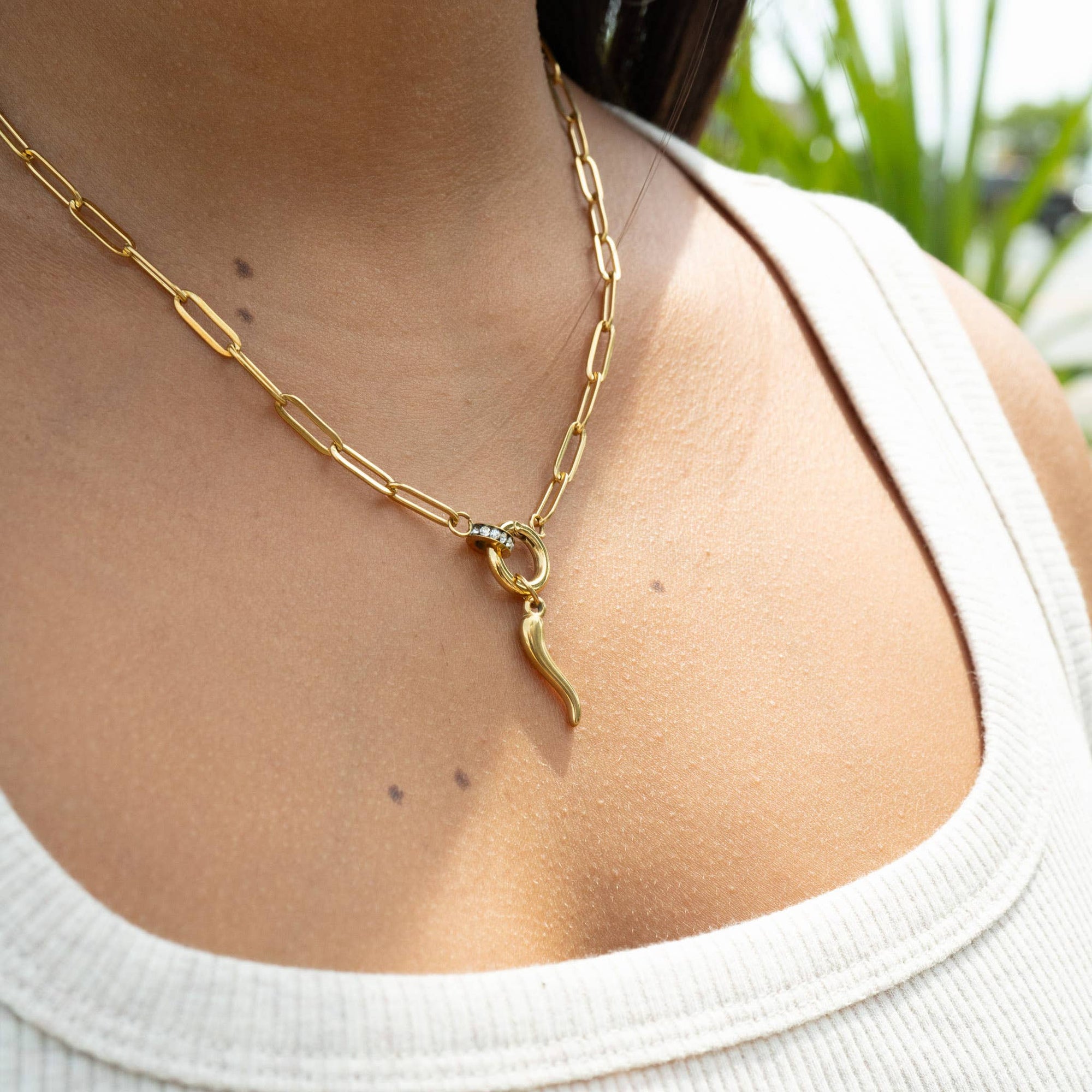 16" 18K Gold Paperclip Rhinestone Charm Holder Necklace