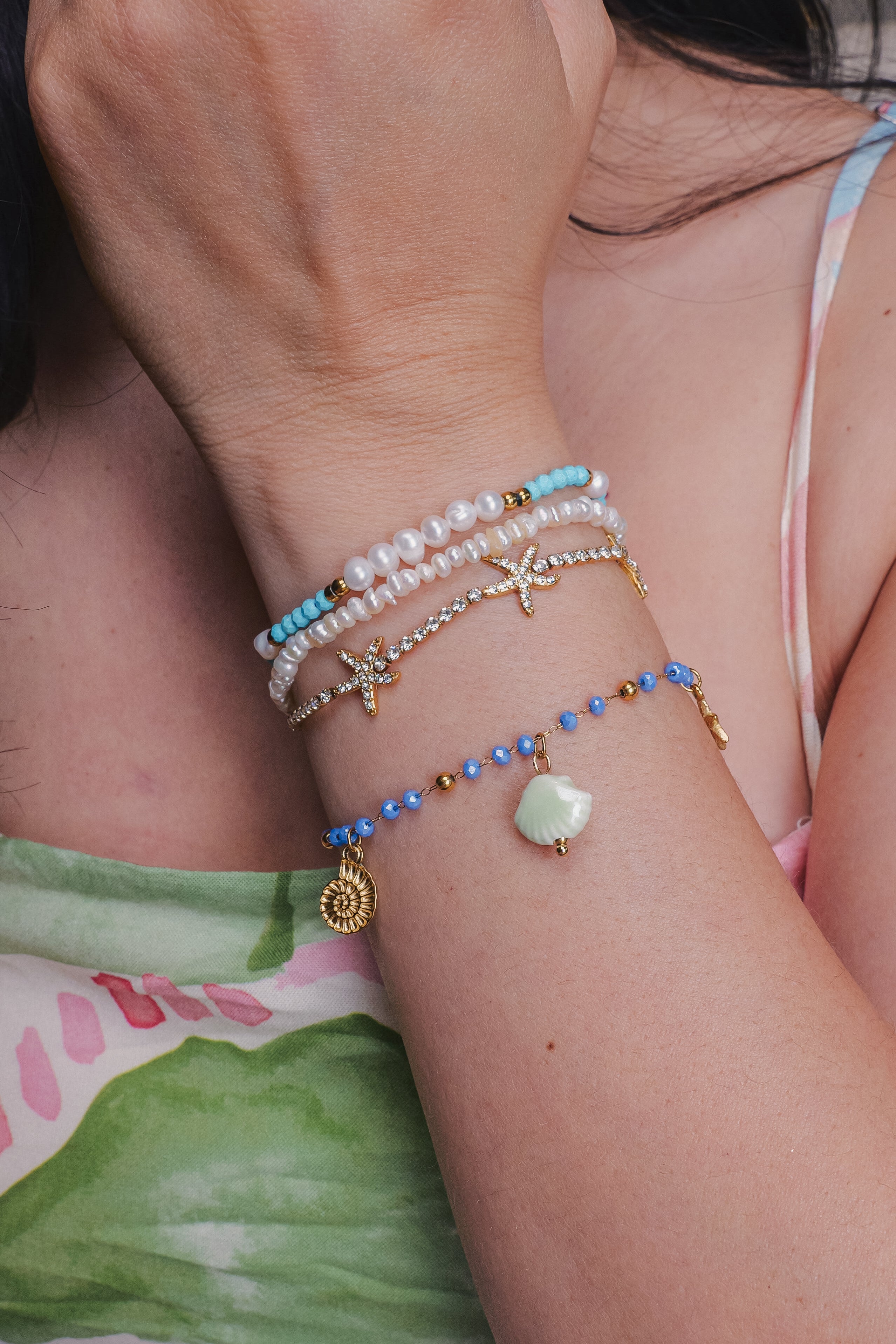 Esme at the beach  Gold Starfish Tennis Bracelet | Crystal Chain | Waterproof Tarnish-Free Stainless Steel | 6.5" + 2" Extender