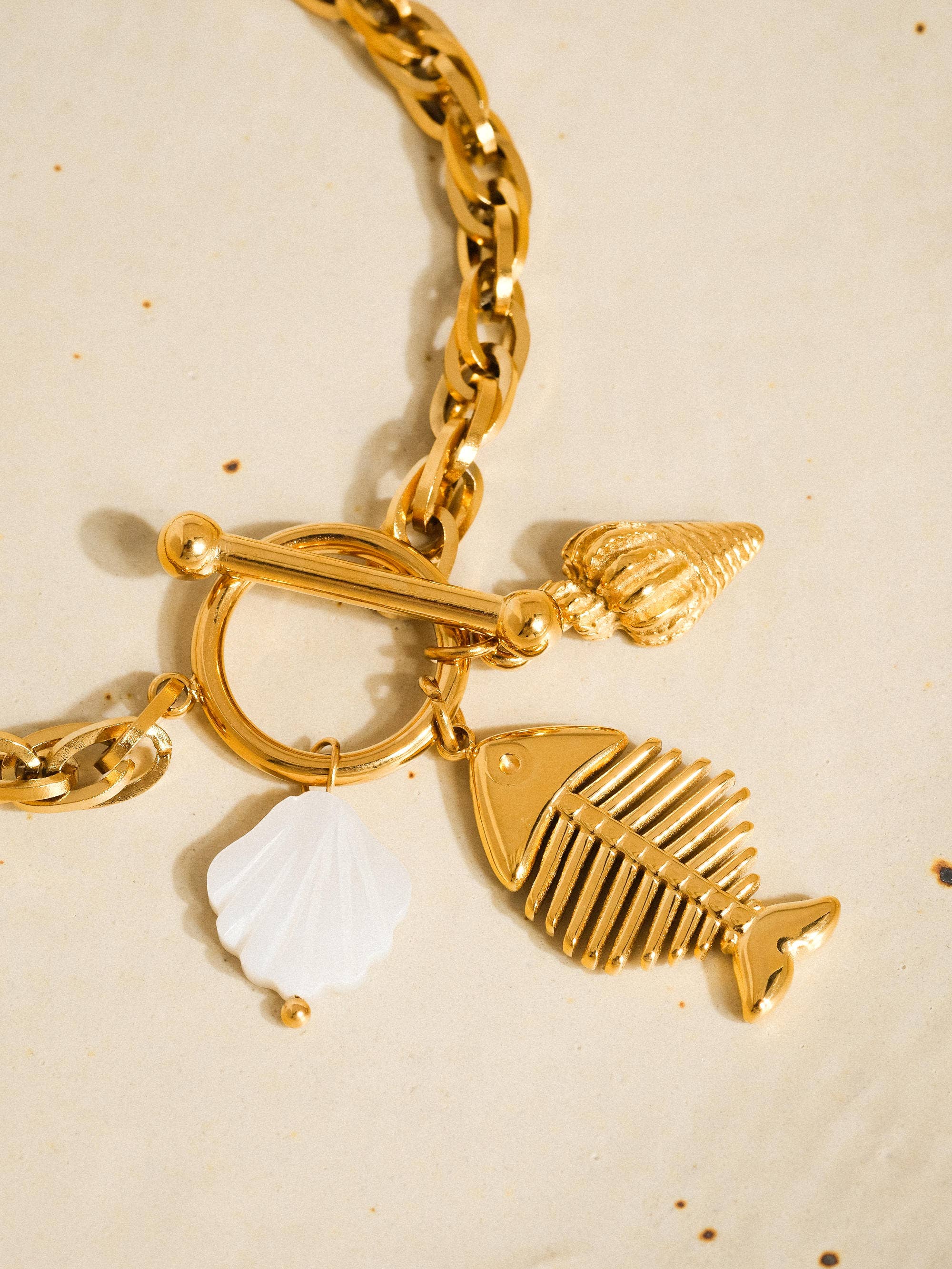 Bone 18K Gold Non-Tarnish Fishbone Shell Charm Bracelet