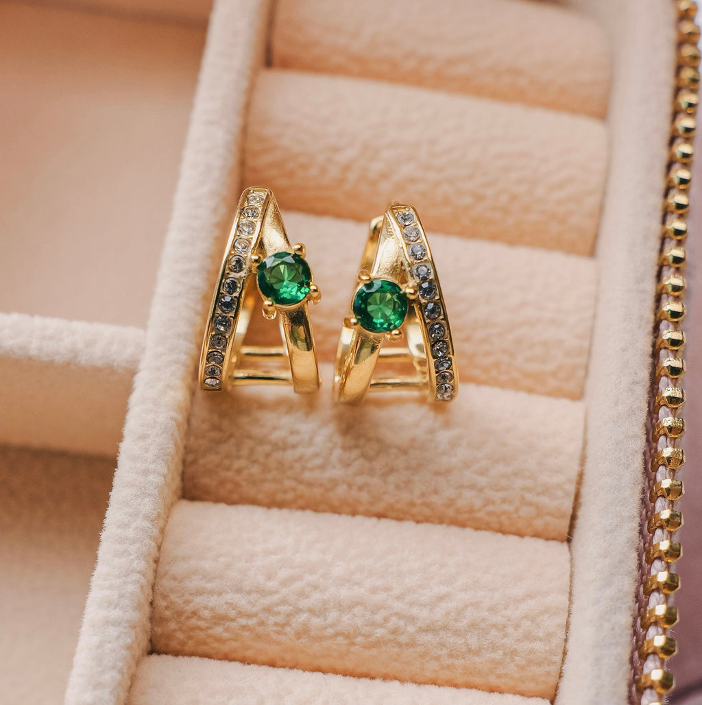 Jade Gold Triangle Hoop Earrings | Emerald Green Crystal | Waterproof Hypoallergenic Stainless Steel