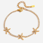 Esme at the beach  Gold Starfish Tennis Bracelet | Crystal Chain | Waterproof Tarnish-Free Stainless Steel | 6.5" + 2" Extender