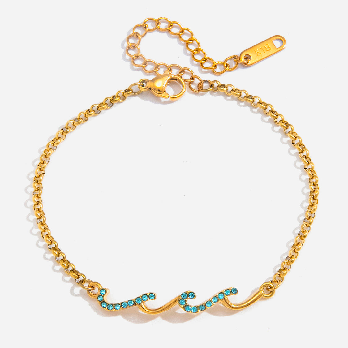 Malibu Blue Wave Bracelet | Gold Crystal Wave Charm | Waterproof Tarnish-Free Stainless Steel | 6.5" + 2" Extender