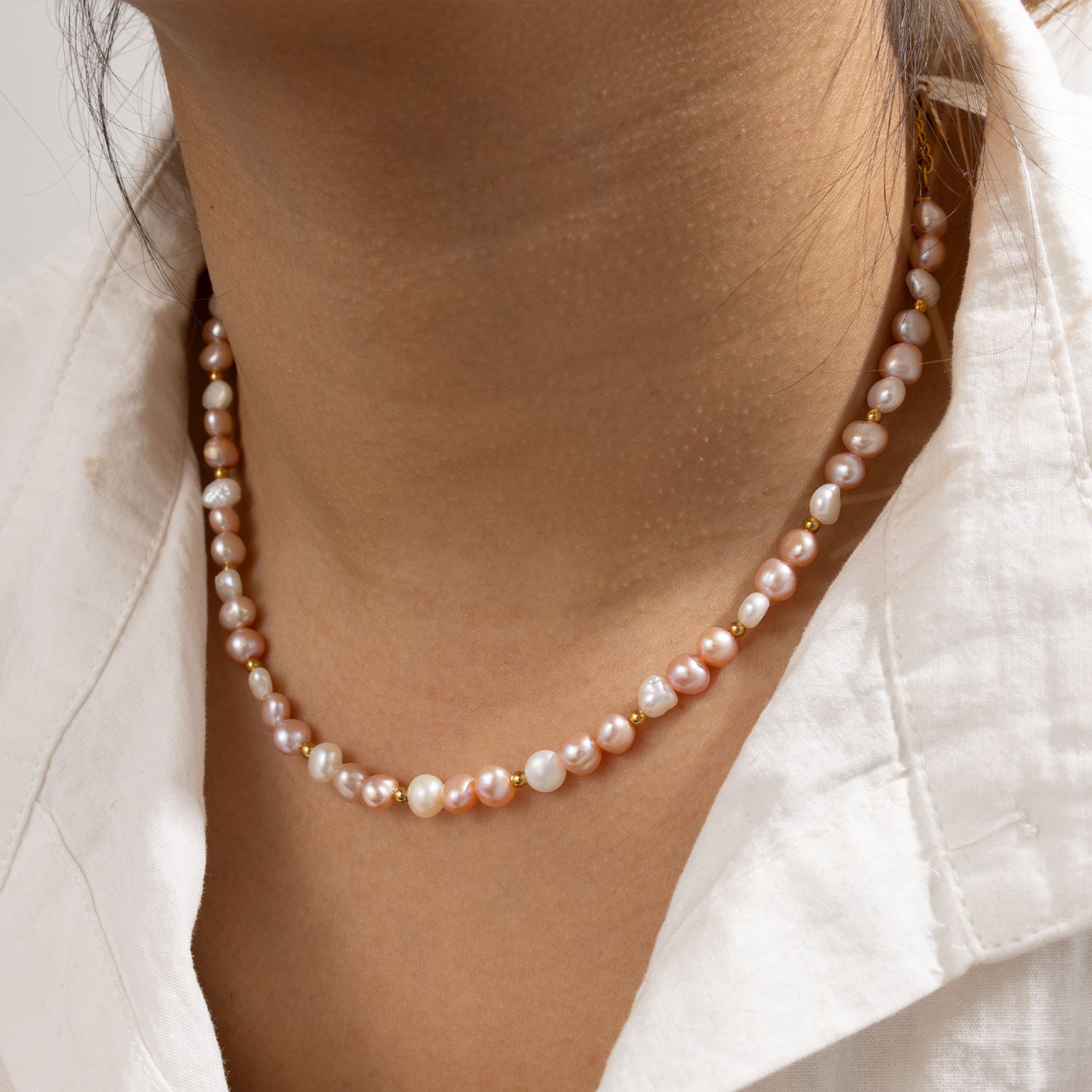 Sienna Freshwater Pearl Necklace – Blush & Ivory Real Pearl Strand with Gold Stainless Steel Accents