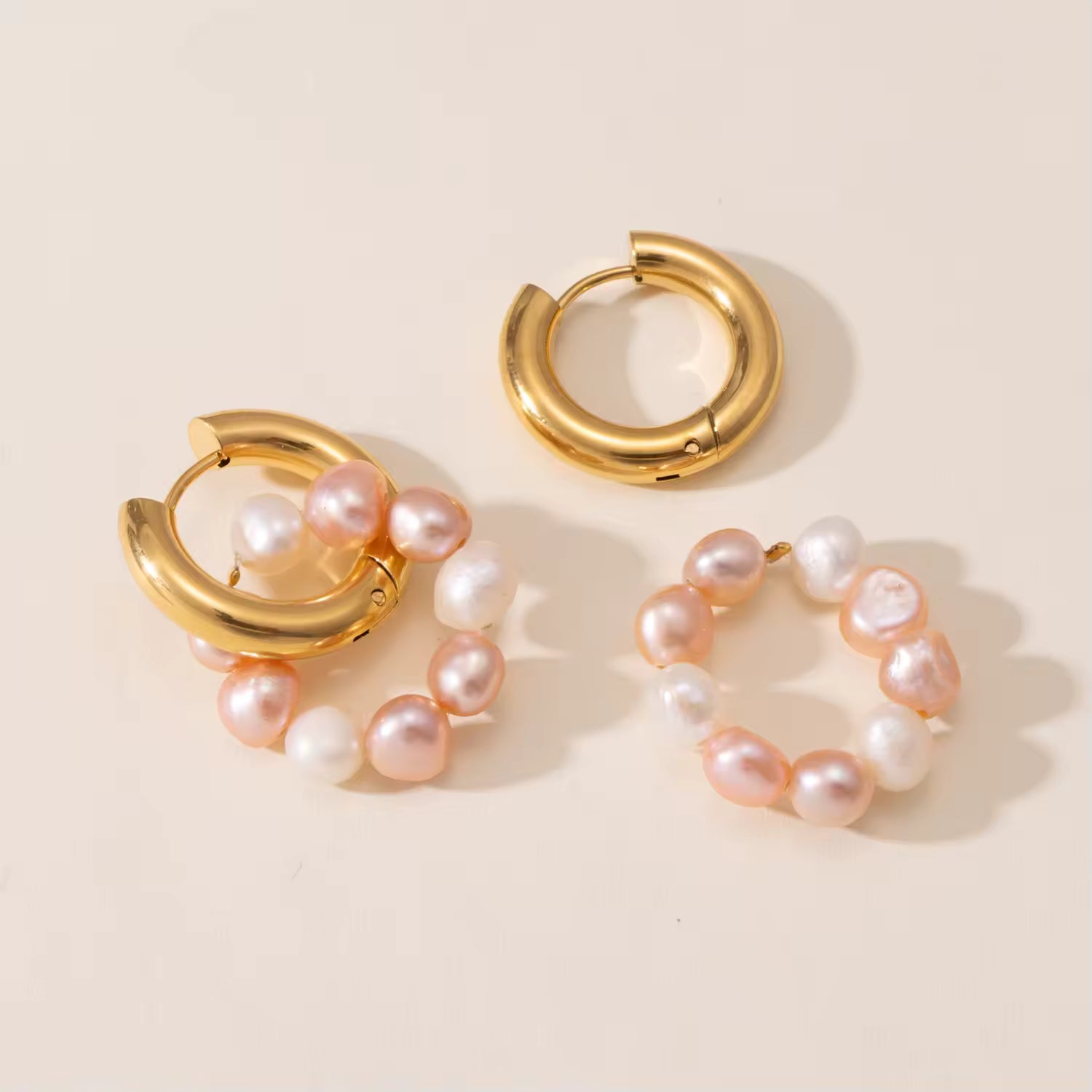 Sienna Blush & Ivory Real Pearl Drops with Gold Stainless Steel Hoops