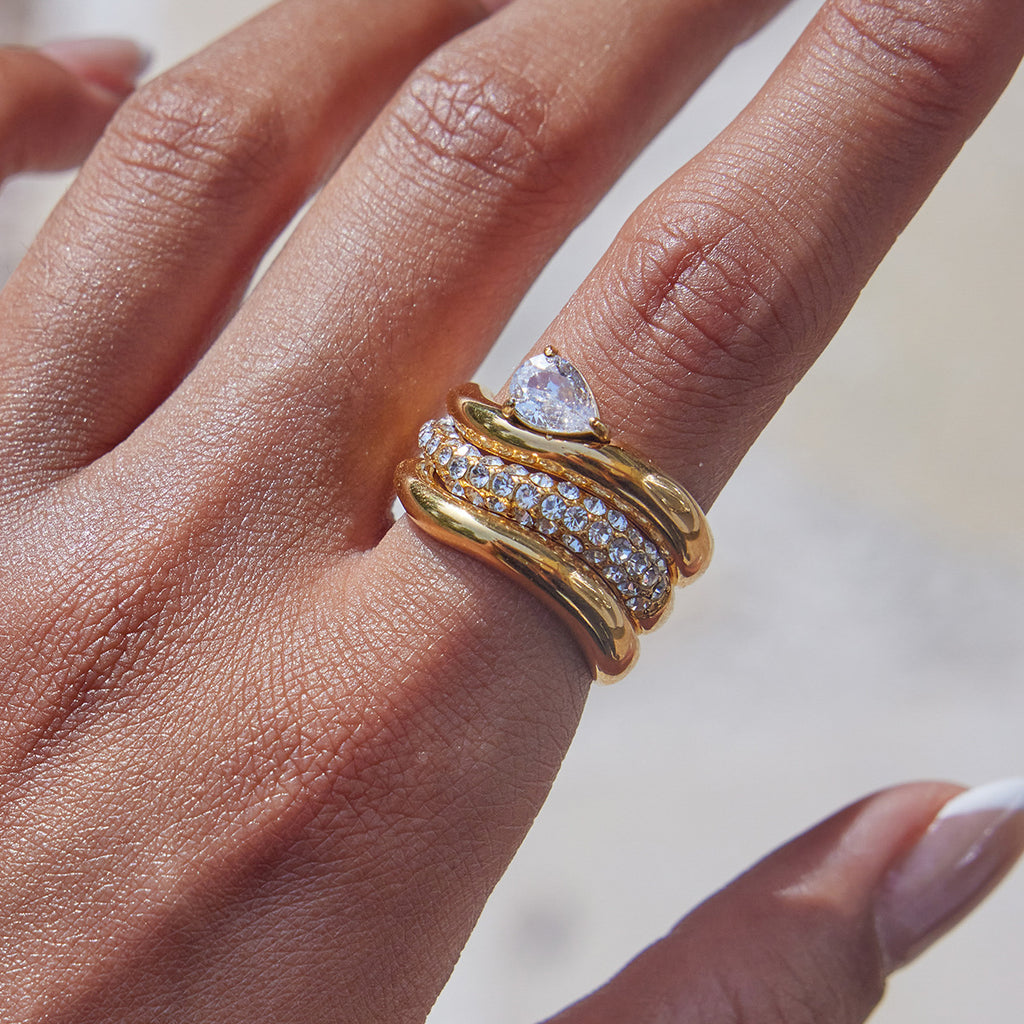 The Mara Ring – Chunky Gold Stacked Teardrop Crystal Ring