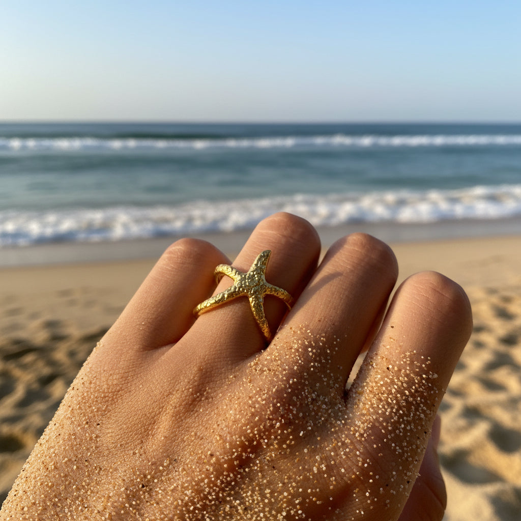 Coral Gold Starfish Adjustable Ring | Waterproof Tarnish-Free Stainless Steel | Open Band Ring