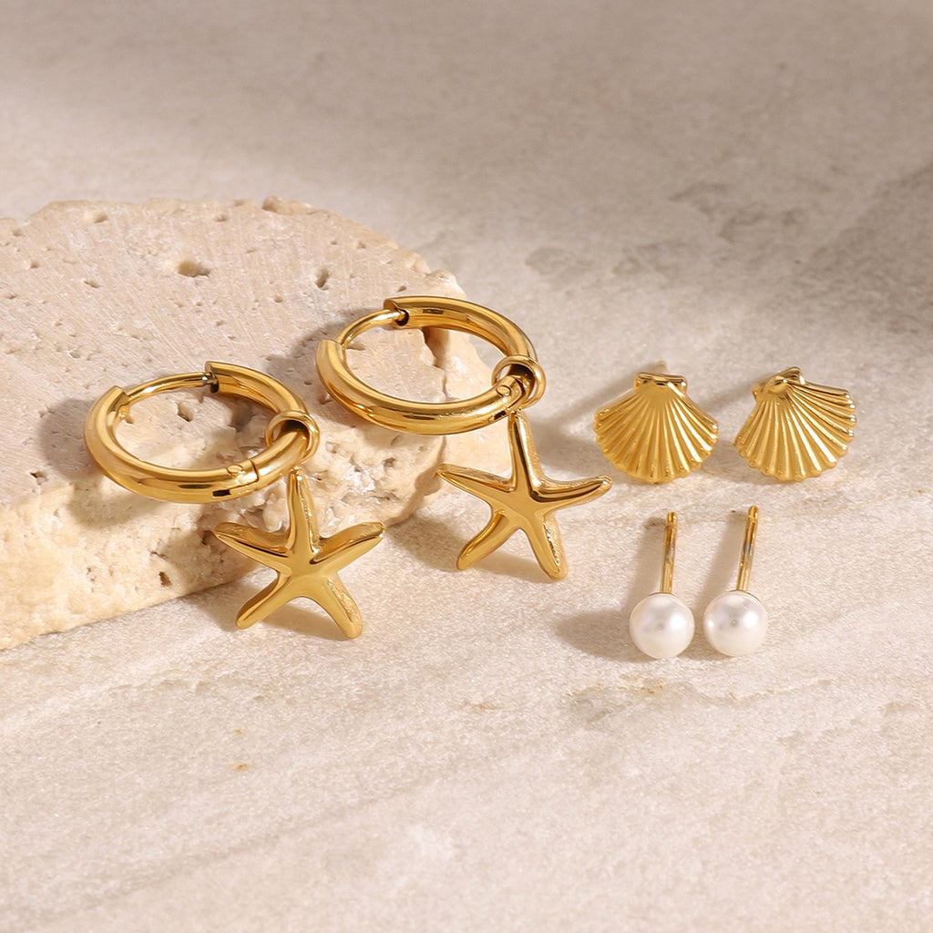 Gold Coastal Earring Set | Starfish Hoops, Shell Studs & Pearl Studs | Waterproof Hypoallergenic Stainless Steel