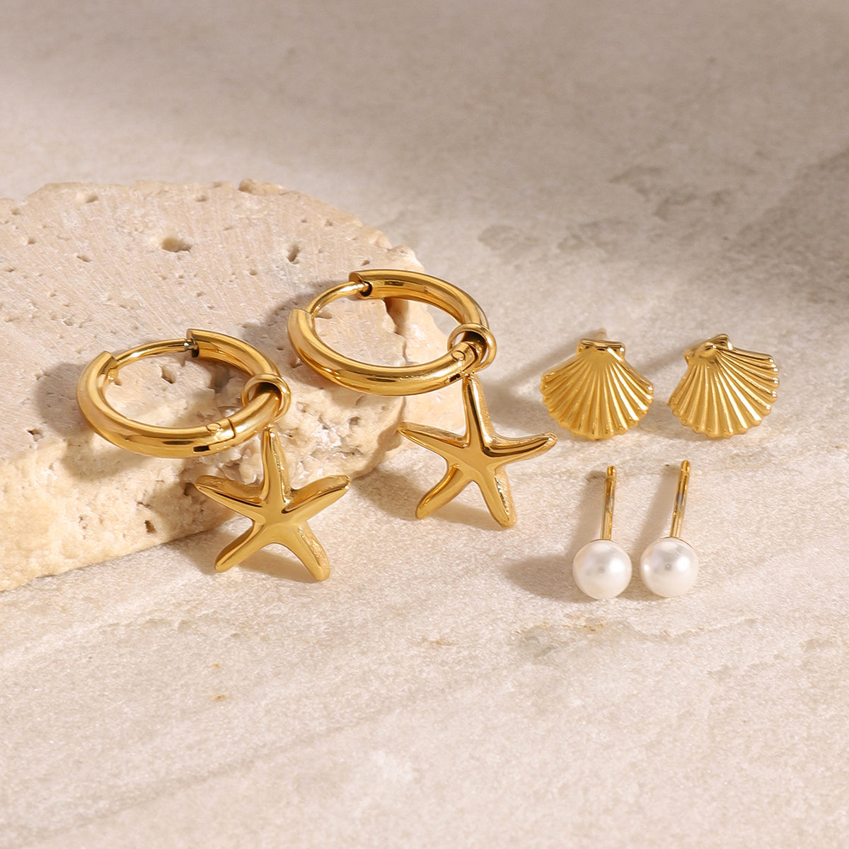 Gold Coastal Earring Set | Starfish Hoops, Shell Studs & Pearl Studs | Waterproof Hypoallergenic Stainless Steel