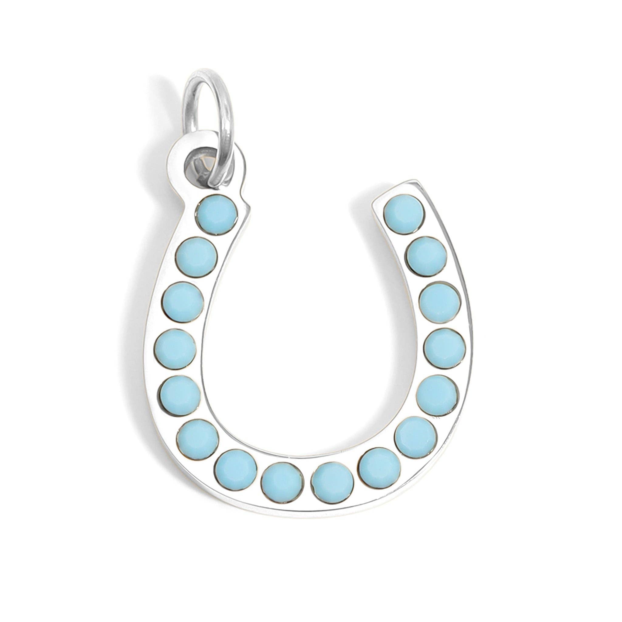 Silver horseshoe charm with turquoise stones on a white background